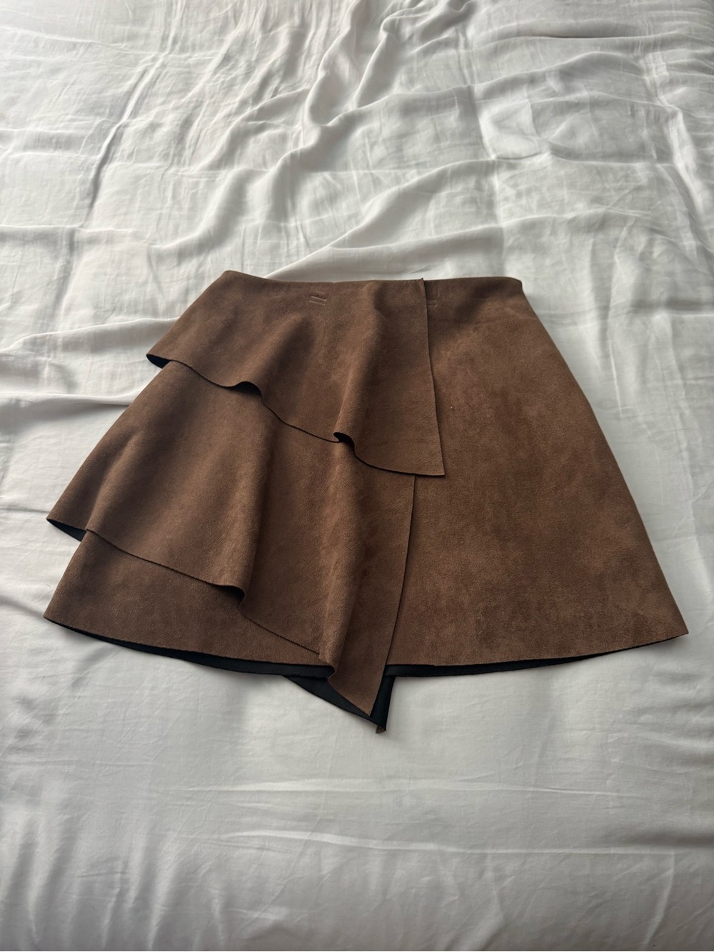 Lush Brown Asymmetrical Ruffle Faux-Suede Mini Skirt